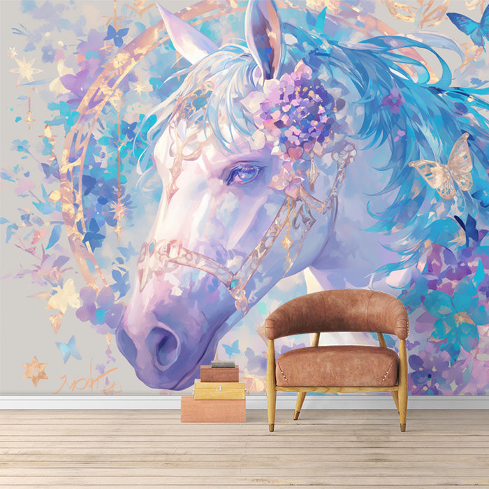 Horse and Floral Mural Wallpaper in Room | Purple, Blue and White Horse -3