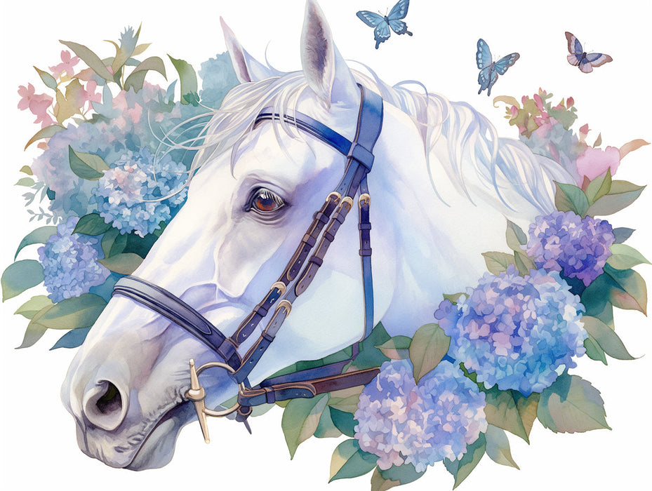 Carta da parati murale a tema cavalli e fiori per camera da letto dei bambini | Cavallo viola, blu e bianco -4