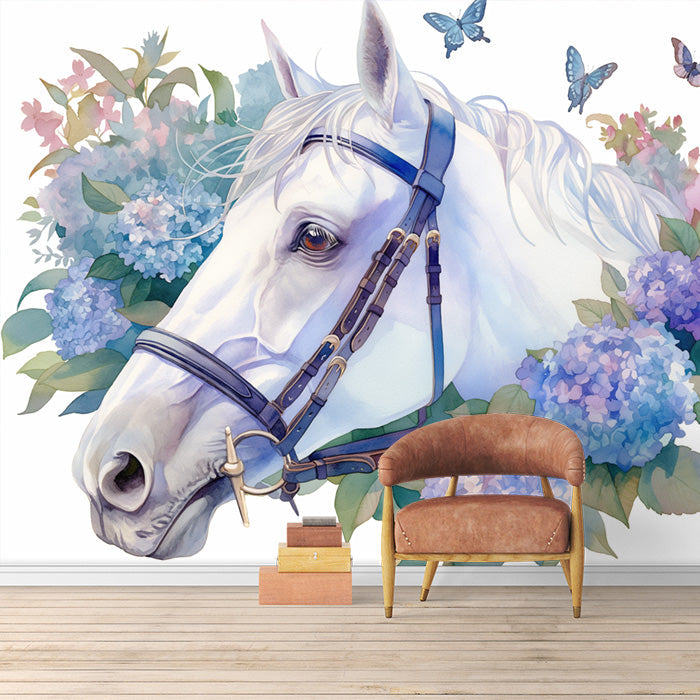 Horse and Floral Mural Wallpaper in Room | Purple, Blue and White Horse -4