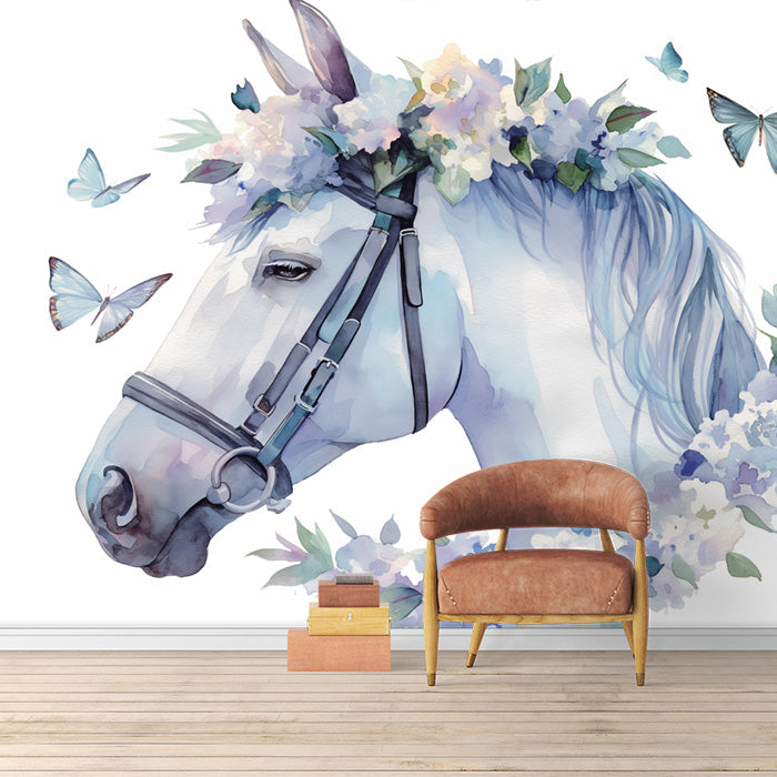 Horse and Floral Mural Wallpaper in Room | Purple, Blue and White Horse -5