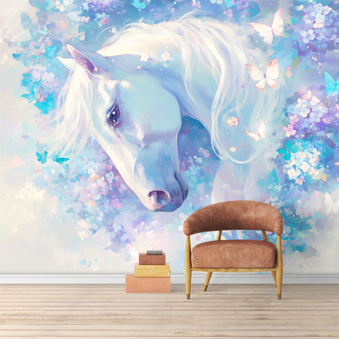 Horse and Floral Mural Wallpaper in Room | Purple, Blue and White Horse -6
