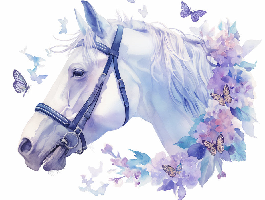 Carta da parati murale con cavalli e fiori con farfalle in camera | Cavalli viola, blu e bianco