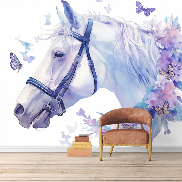 Horse and Floral Mural Wallpaper in Room | Purple, Blue and White Horse -7