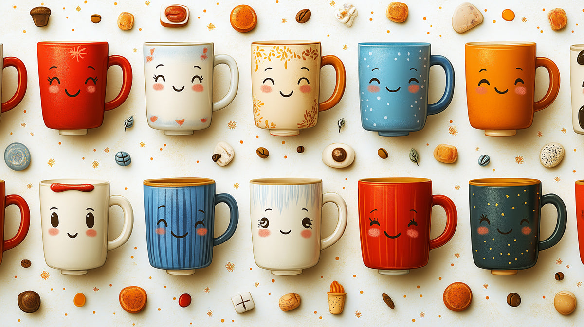 Carta da parati con motivo di facce su tazze di caffè festive | Collezione di bevande gioiose
