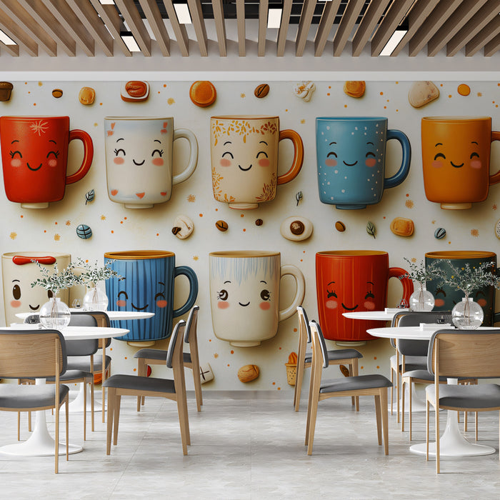 Festive Coffee Mug Faces Pattern Wallpaper | Cheerful Beverage Collection