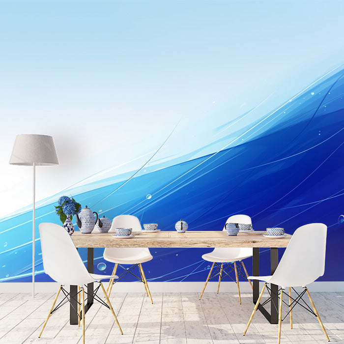 Blue Wave Mural Wallpaper in Dining Room | Blue and White Wave -2