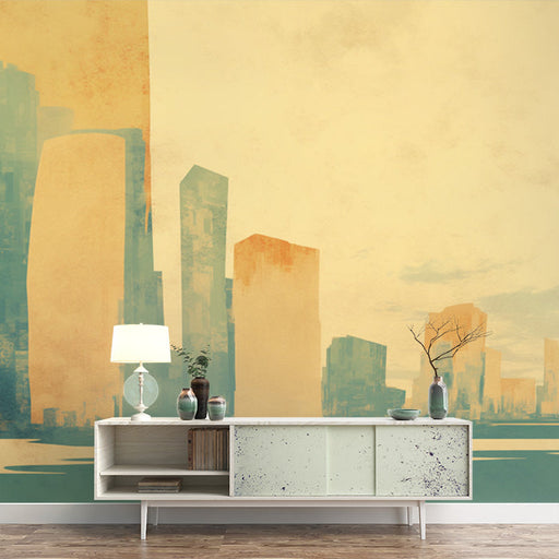 Cityscape Mural Wallpaper in Room | Yellow, Green and Blue Building