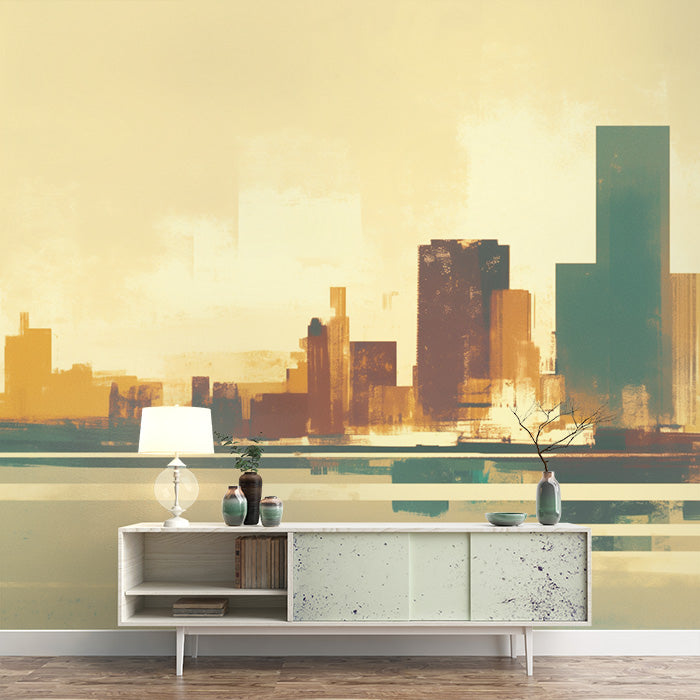 Cityscape Mural Wallpaper in Room | Yellow, Green and Blue Building -1