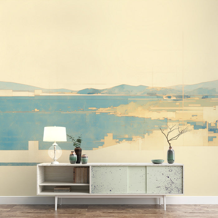 Cityscape Mural Wallpaper in Room | Yellow, Green and Blue Building -2