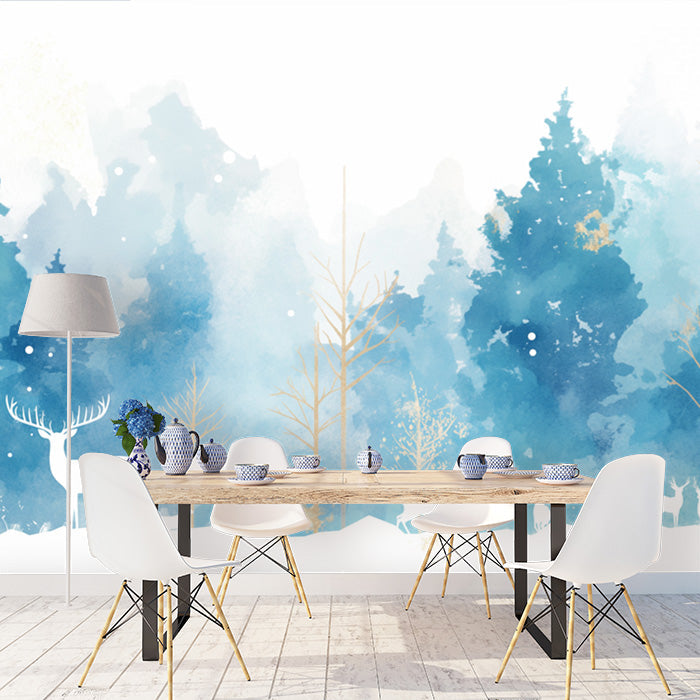 Winter Forest Mural Wallpaper in Dining Room | Blue and White Forest