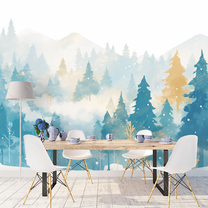 Winter Forest Mural Wallpaper in Dining Room | Blue and White Forest -1