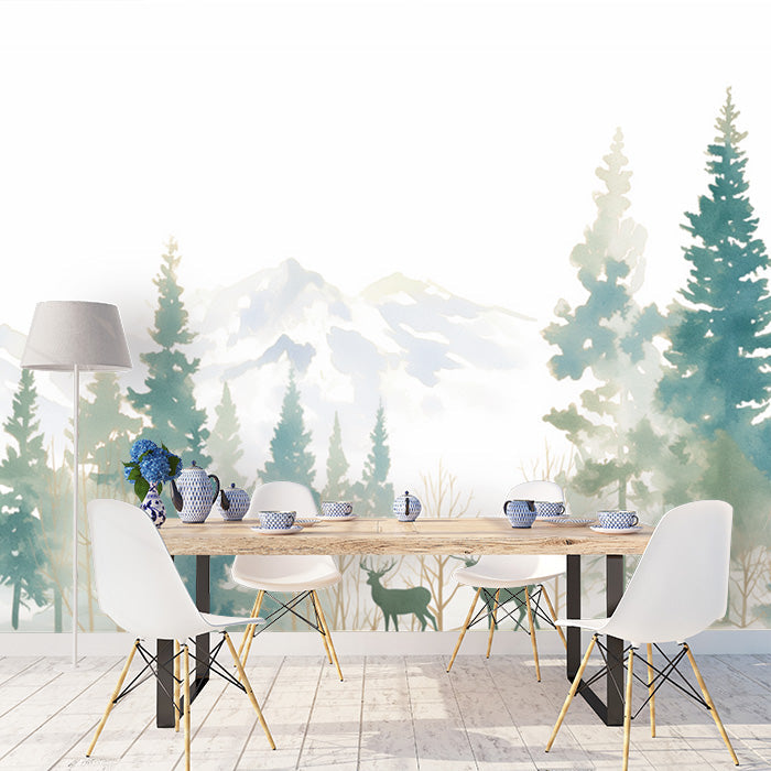 Winter Forest Mural Wallpaper in Dining Room | Blue and White Forest -2