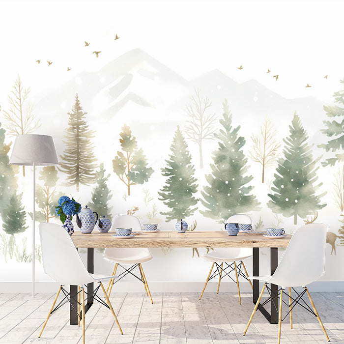 Winter Forest Mural Wallpaper in Dining Room | Blue and White Forest -3