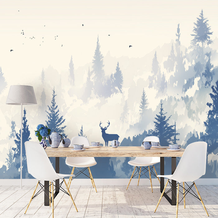 Winter Forest Mural Wallpaper in Dining Room | Blue and White Forest -4