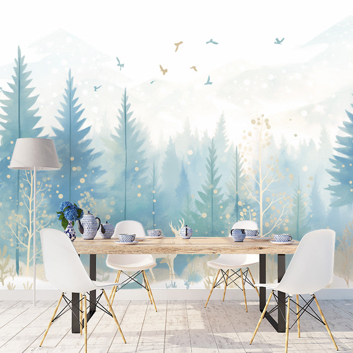 Winter Forest Mural Wallpaper in Dining Room | Blue and White Forest -5