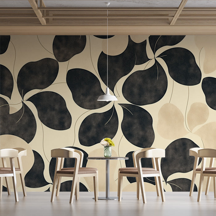 Black and Beige Leaf Mural Wallpaper in Cafe | Black and Beige Leaves