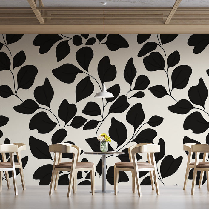 Black and Beige Leaf Mural Wallpaper in Cafe | Black and Beige Leaves -1