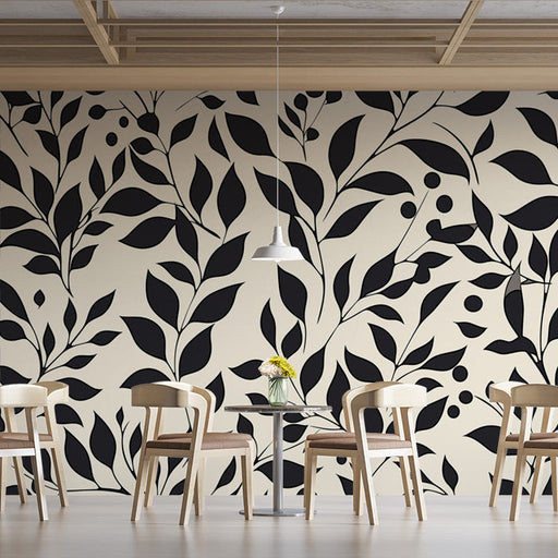 Black and Beige Leaf Mural Wallpaper in Cafe | Black and Beige Leaves -2