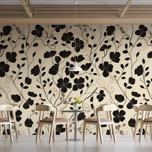 Black and Beige Leaf Mural Wallpaper in Cafe | Black and Beige Leaves -3