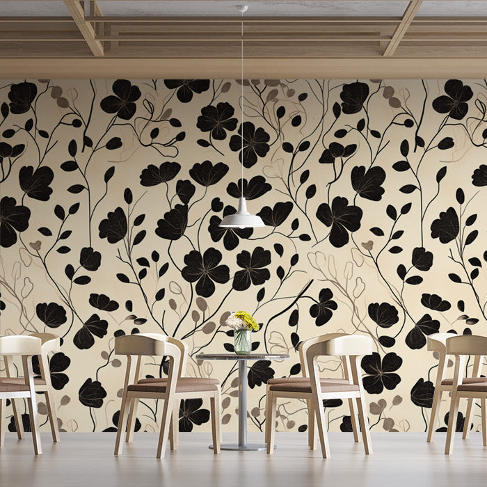 Black and Beige Leaf Mural Wallpaper in Cafe | Black and Beige Leaves -3