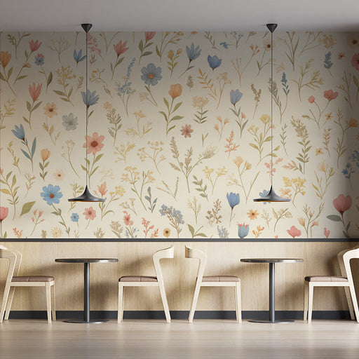 Floral Mural Wallpaper in Cafe | Various Pastel Colors of Flowers