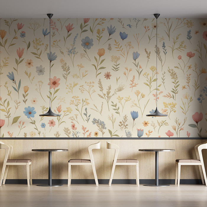 Floral Mural Wallpaper in Cafe | Various Pastel Colors of Flowers