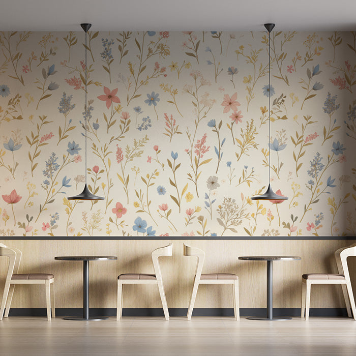 Floral Mural Wallpaper in Cafe | Various Pastel Colors of Flowers -4