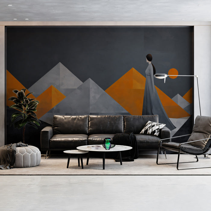 Minimalist Woman & Geometric Mountains Wallpaper | Abstract Landscape Art