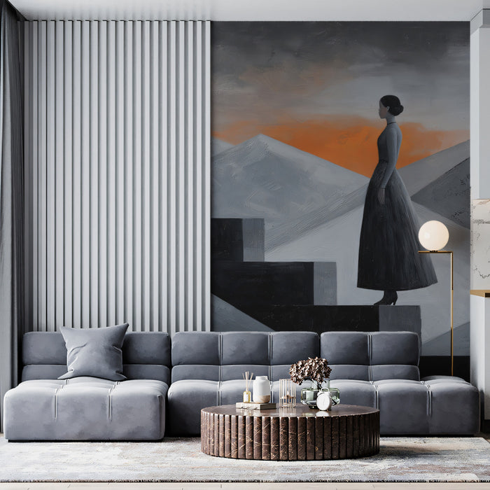 Abstract Mountain Ascent Wallpaper | Woman on Geometric Steps with Sunset Glow