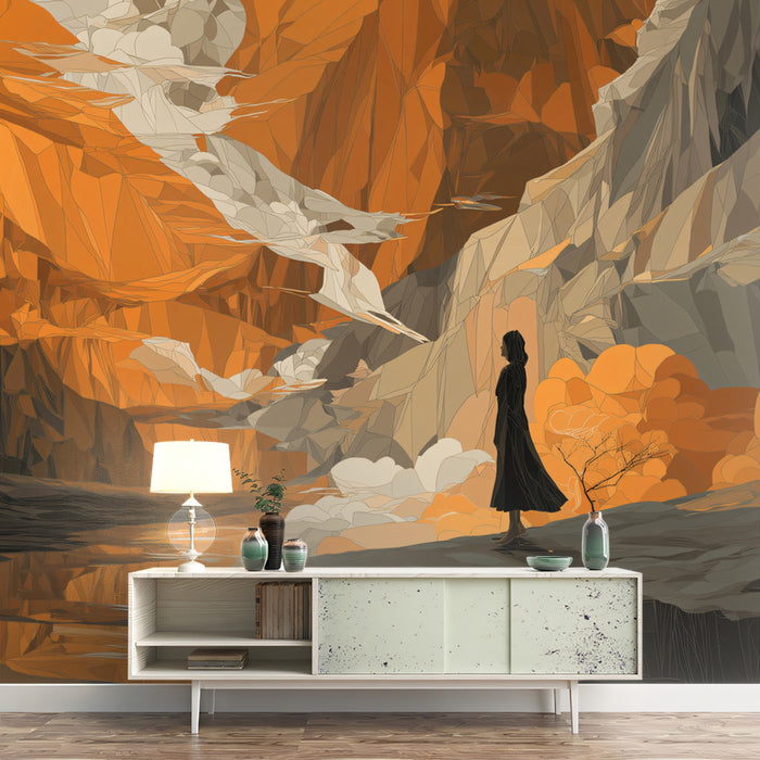 Mujer en el papel tapiz del paisaje abstracto de cañón | Escena dramática de montañas y agua