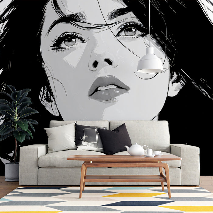 Dramatic Black & White Portrait Wallpaper | Expressive Woman Art