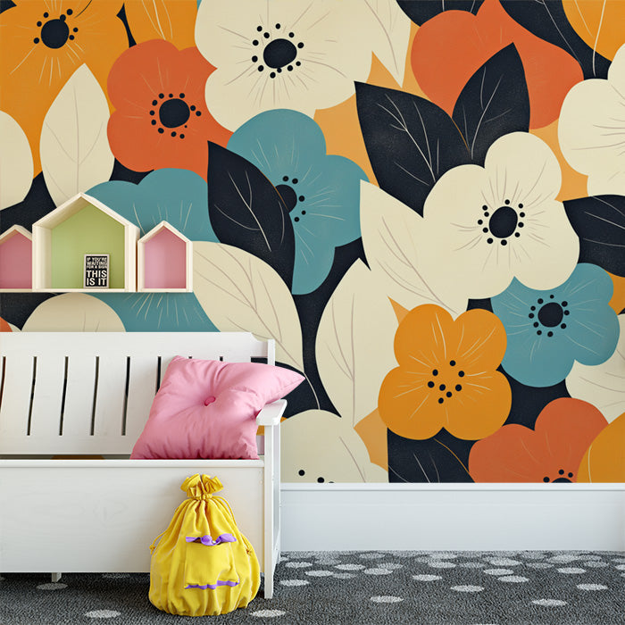Bright Floral Mural Wallpaper in Child's Room | Various Colors (Yellow, Blue, Orange, etc.) Flowers -4