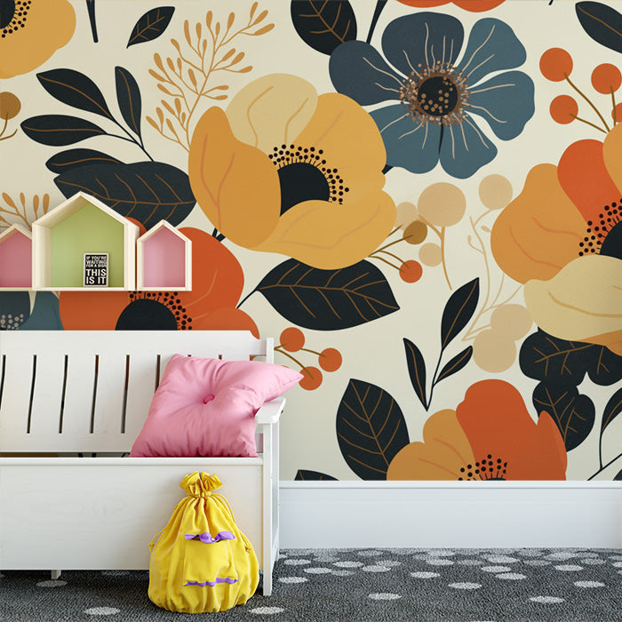 Bright Floral Mural Wallpaper in Child's Room | Various Colors (Yellow, Blue, Orange, etc.) Flowers -5