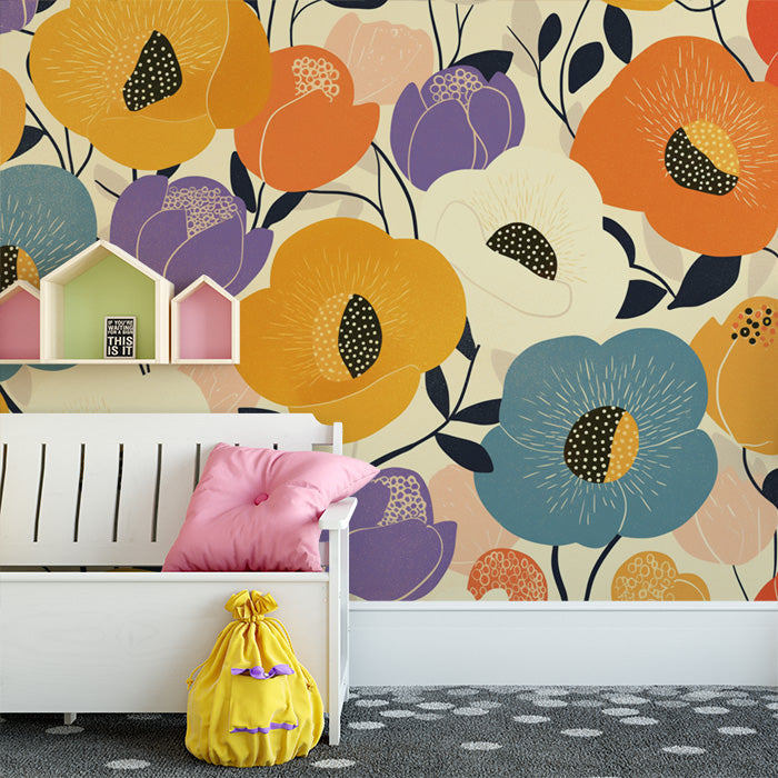 Bright Floral Mural Wallpaper in Child's Room | Various Colors (Yellow, Blue, Orange, etc.) Flowers -6