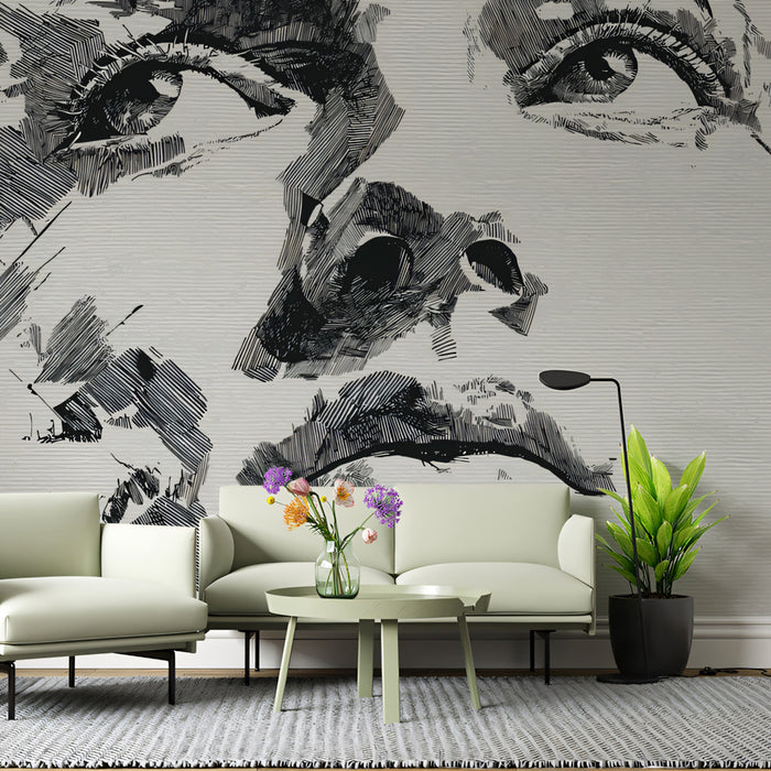 Intense Gaze Etched Portrait Wallpaper | Expressive Monochrome Face Art