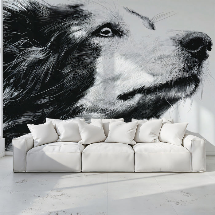 Dynamic Dog Etched Portrait Wallpaper | Expressive Monochrome Canine Art