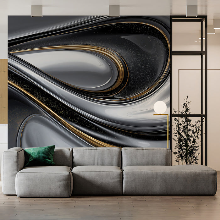 Abstract Metallic Waves Wallpaper | Luxurious Gold & Silver Flowing Art