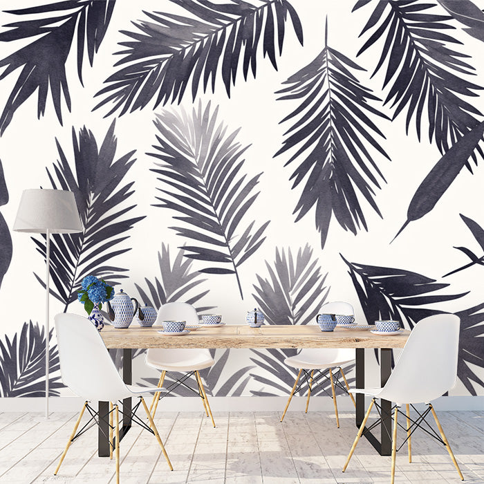 Black and White Palm Leaf Mural Wallpaper in Dining Room | Black and White Palms