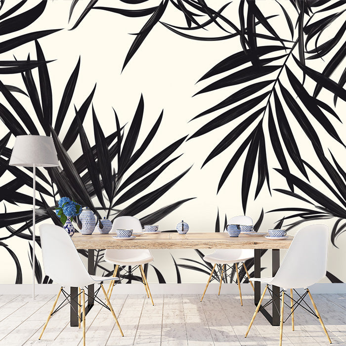 Black and White Palm Leaf Mural Wallpaper in Dining Room | Black and White Palms -1