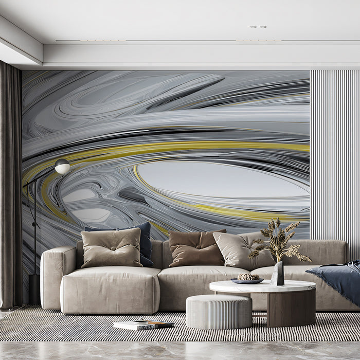 Abstract Silver & Yellow Waves Wallpaper | Dynamic Modern Art with Bright Accents