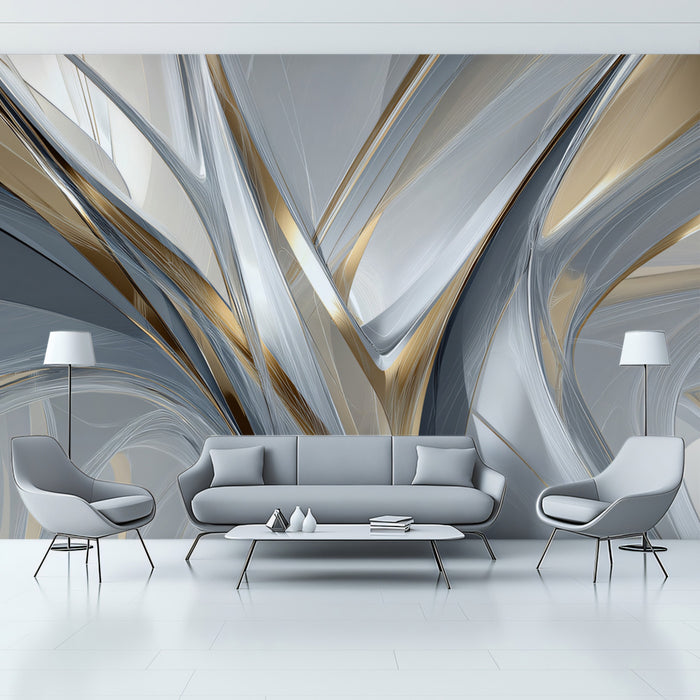 Abstract Dynamic Metallic Waves Wallpaper | Silver, Gold & Grey Flowing Art