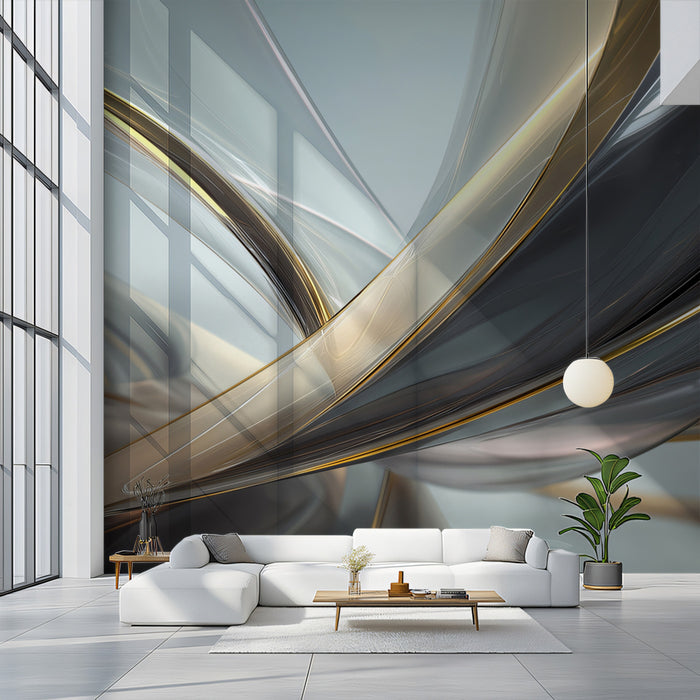 Carta da parati con onde di nastri metallici astratti | Arte fluente elegante oro e grigio