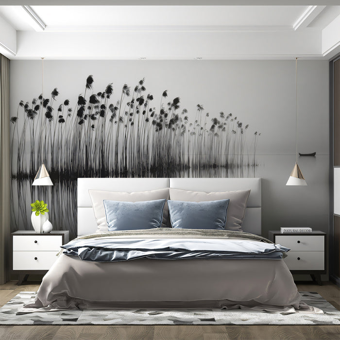 Tranquil Reed Bed Lake Wallpaper | Serene Monochrome Landscape with Boat