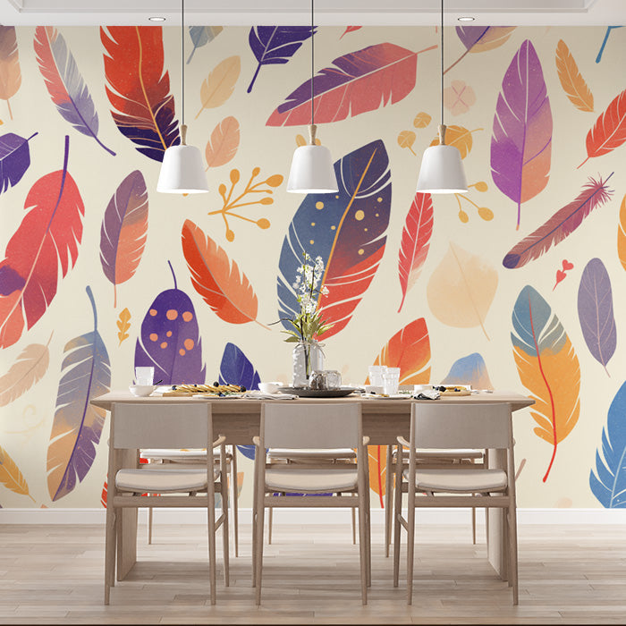 Colorful Feather Mural Wallpaper in Dining Room | Various Colors (Red, Orange, Purple, etc.) Feathers