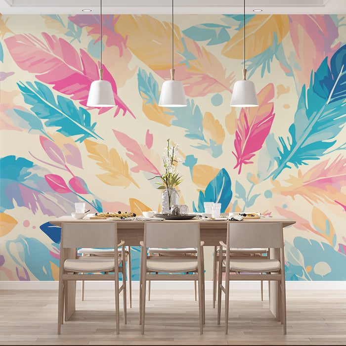 Colorful Feather Mural Wallpaper in Dining Room | Various Colors (Red, Orange, Purple, etc.) Feathers -2