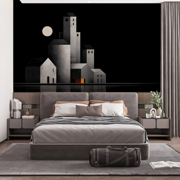 Minimalist Lunar Town Wallpaper | Abstract Night Cityscape with Full Moon