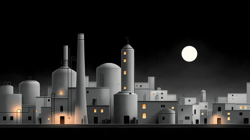 Cityscape with buildings and a full moon in the night sky
