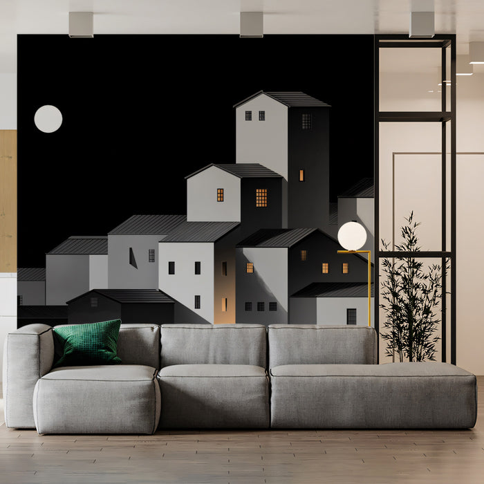 Minimalist Night Cityscape Wallpaper | Abstract Town with Glowing Windows & Moon