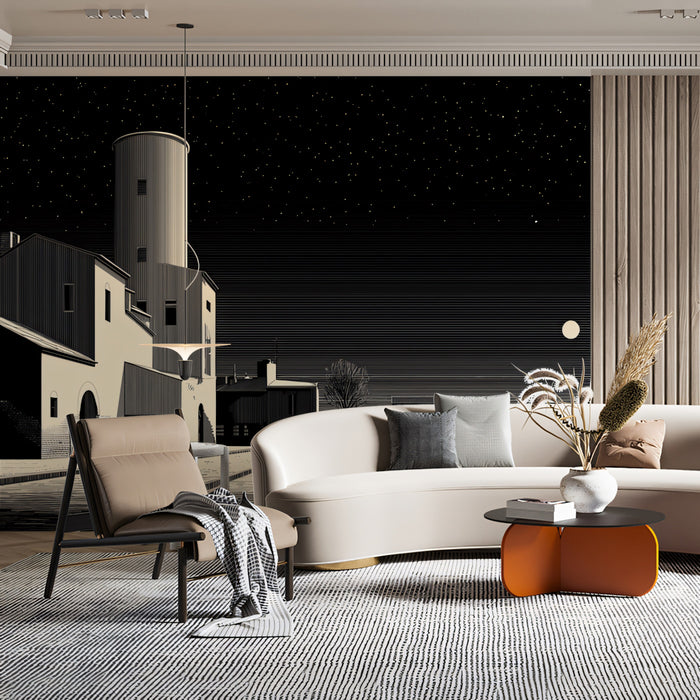 Monochrome Industrial Night Scene Wallpaper | Gritty Urban Landscape with Stars