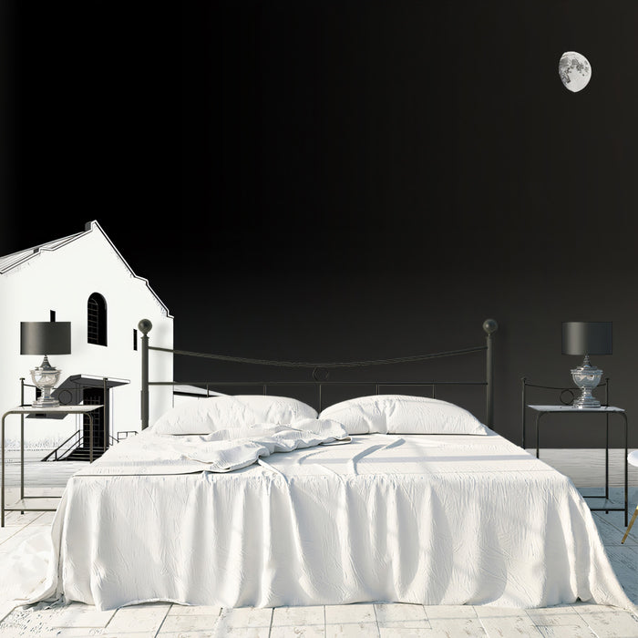 Minimalist Church Under Moonlight Wallpaper | Striking Monochrome Architectural Scene